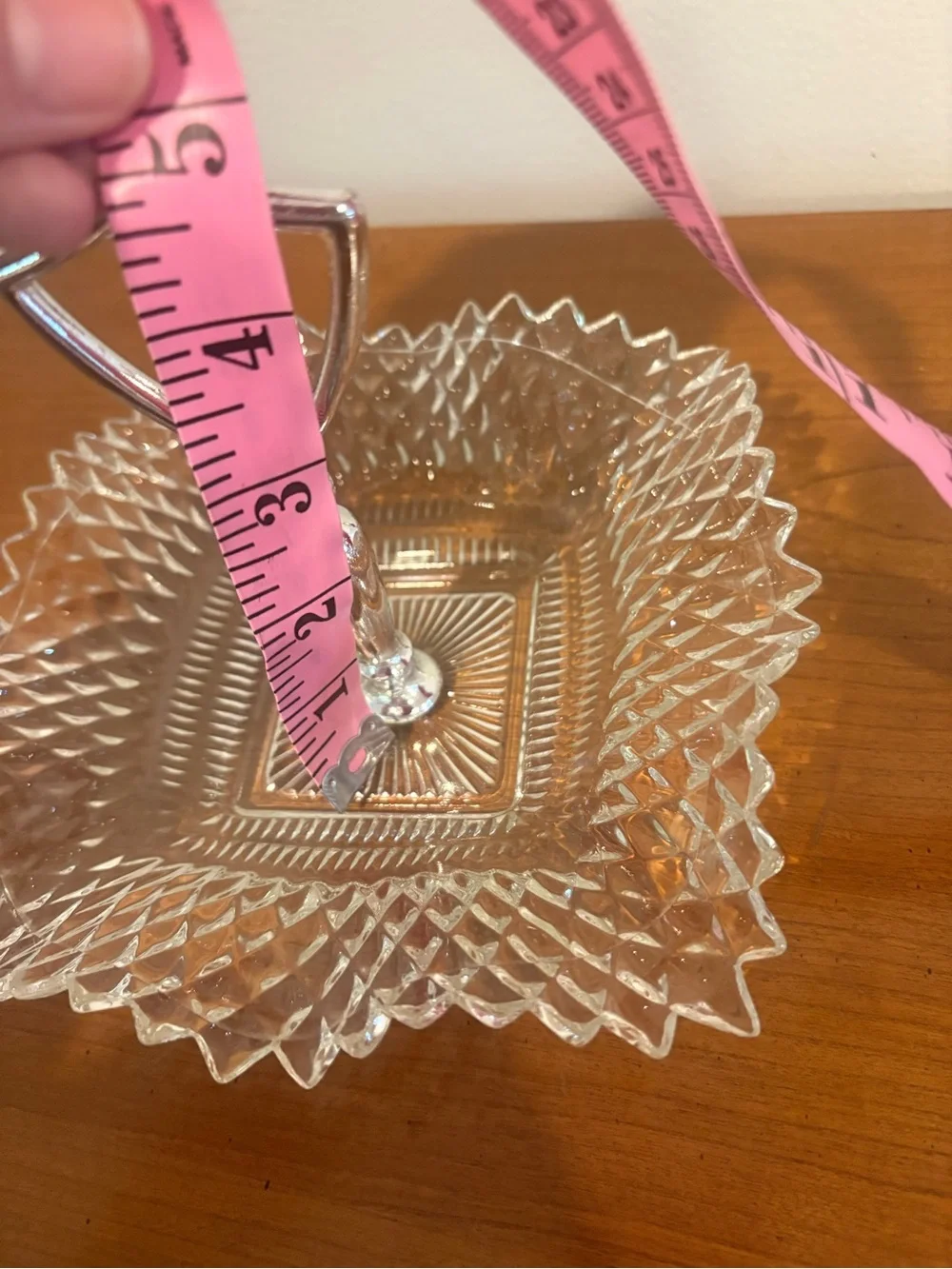 Vintage Glass Diamond Point Pressed Ruffle Edges Trinket Dish with Silver Handle